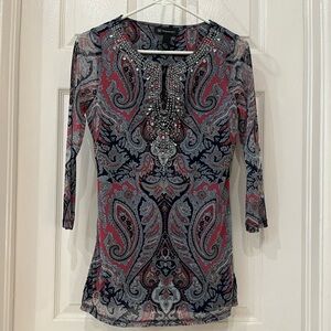 Paisley nylon top with glass and silver beading. Beautiful top.